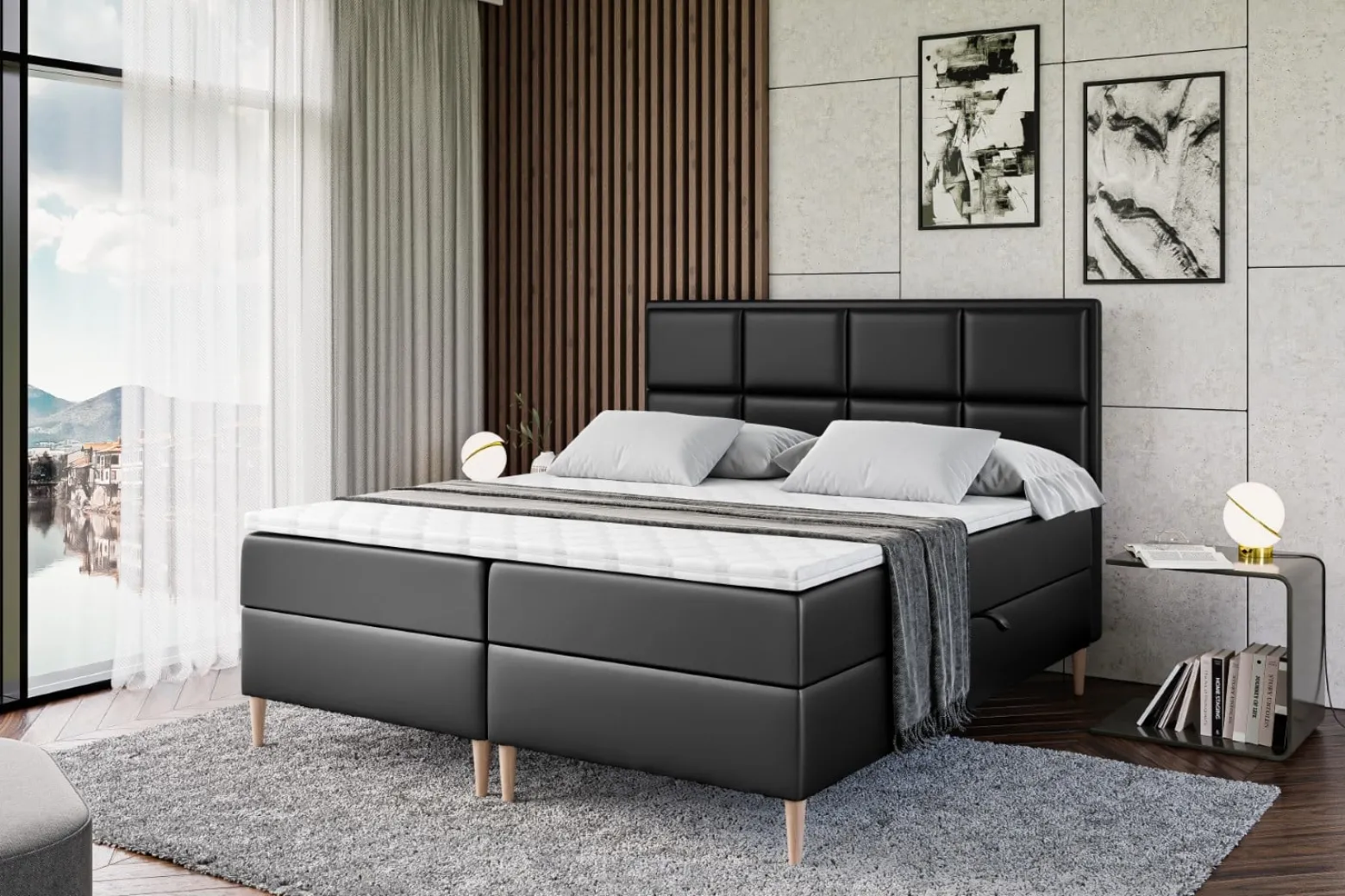 Łóżko kontynentalne z pojemnikiem, materacem i nóżkami NOVA-FD 120x200 cm