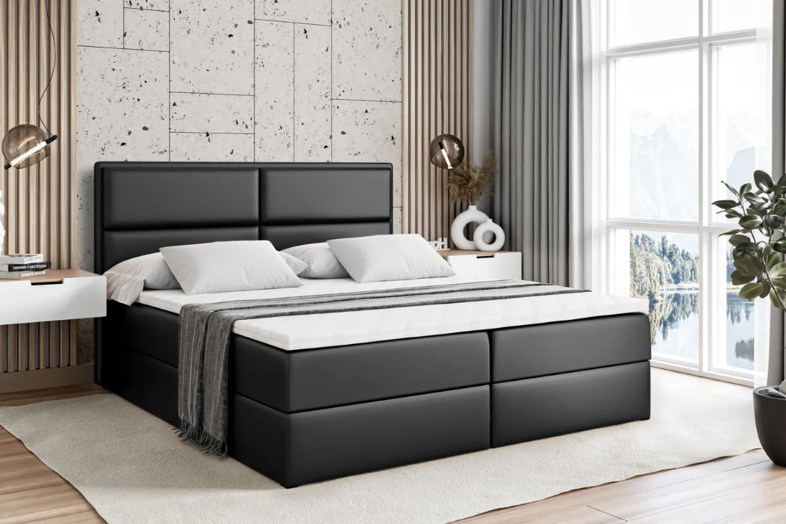 Łóżko kontynentalne z pojemnikiem i materacem H3 AURA - 200x200cm