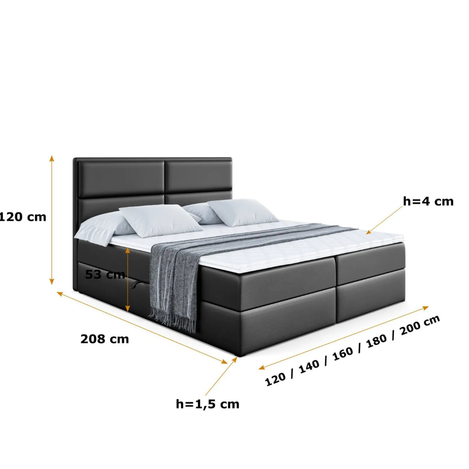 Łóżko kontynentalne z pojemnikiem i materacem H3 AURA - 200x200cm