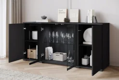 Komoda 150 cm do salonu witryna ze szkłem, szuflady, połki, czarny mat