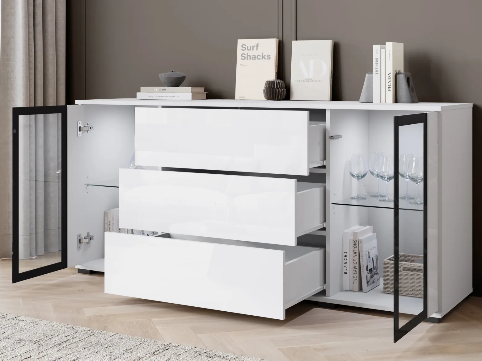 Komoda 150 cm z szufladami CAVIO biały połysk