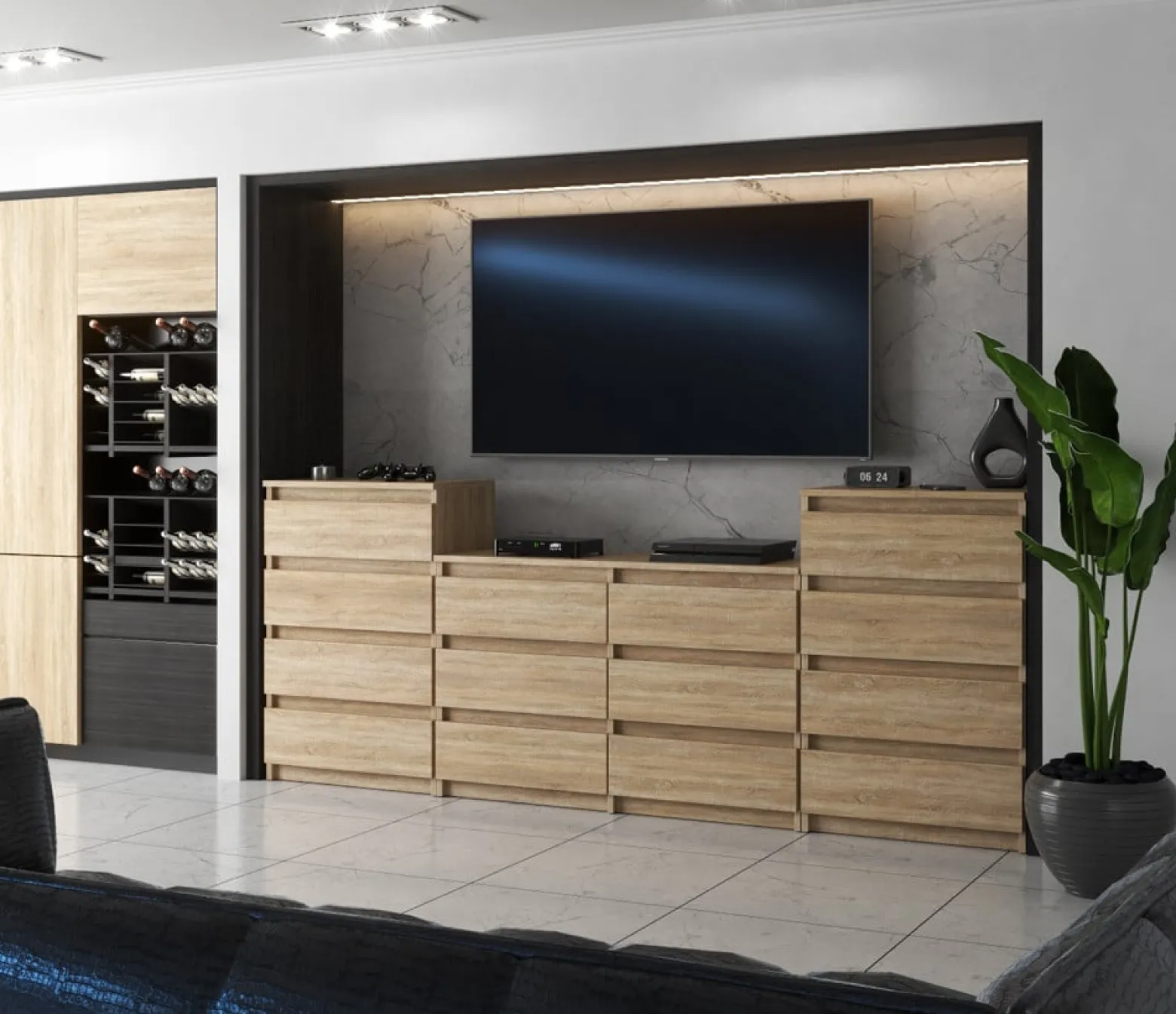 Komoda 14 szuflad szafka rtv 220cm meblościanka dąb sonoma