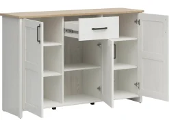 Komoda Loksa 148 cm z 3 drzwiami i szufladą sosna andersen biała/dąb grandson