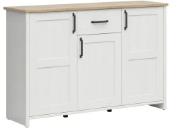 Komoda Loksa 148 cm z 3 drzwiami i szufladą sosna andersen biała/dąb grandson