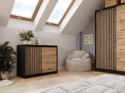 Komoda przesuwna z lamelami 120 cm LOFT czarny / dąb wotan