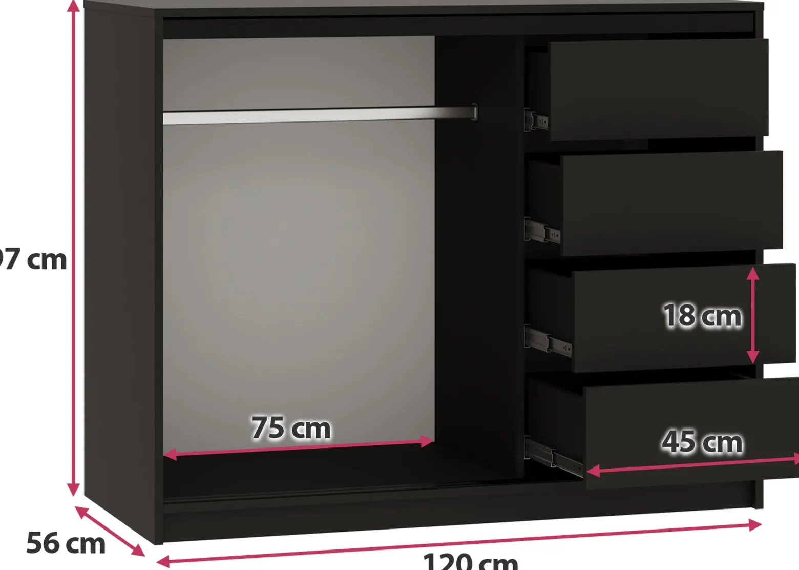 Komoda przesuwna z lamelami 120 cm LOFT czarny / dąb wotan