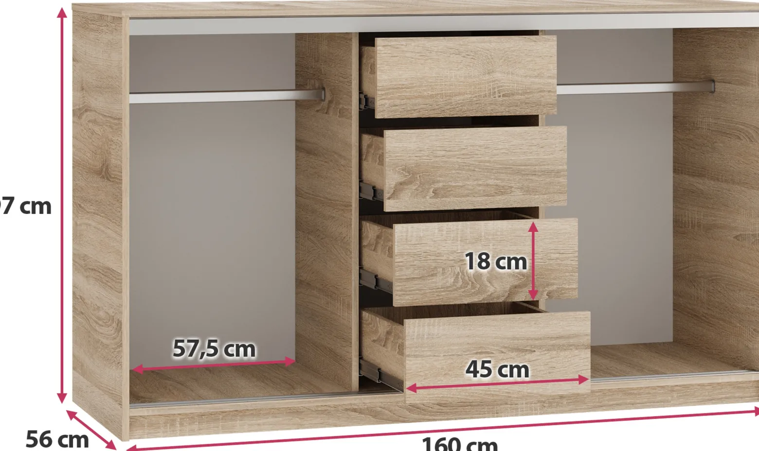 Komoda z szufladami i drążkami 160 cm TOP dąb sonoma