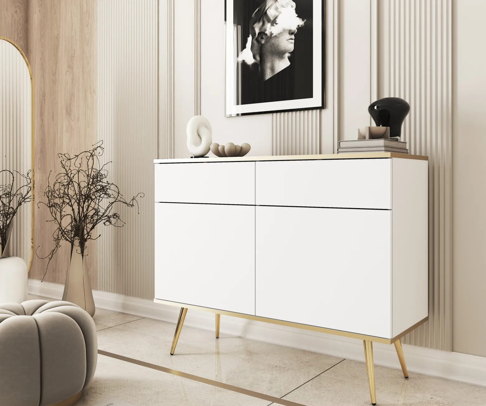 Komoda z szufladami ORINO 107cm biały ze złotymi detalami/złote nóżki