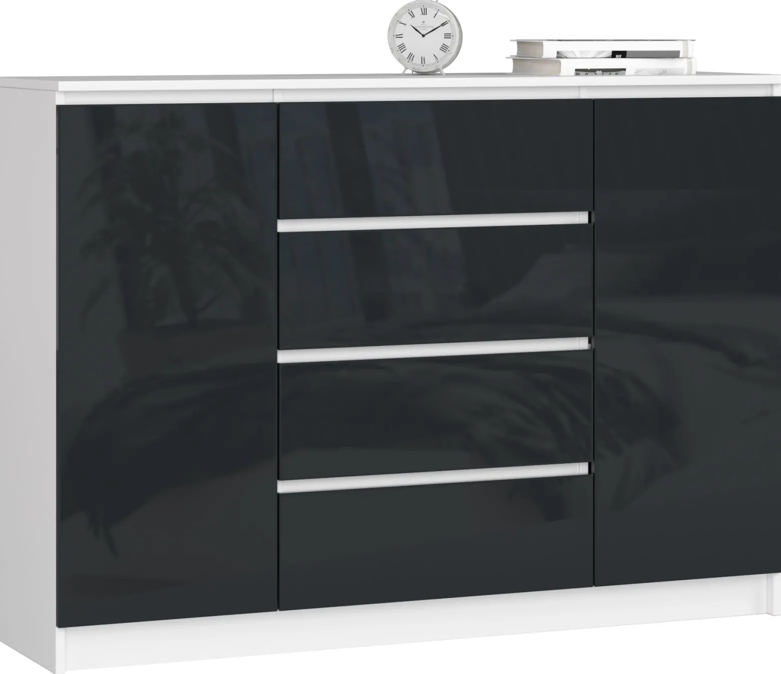 Komoda AKORD K140 Biała 138 cm Grafit Połysk 138x40x99 cm