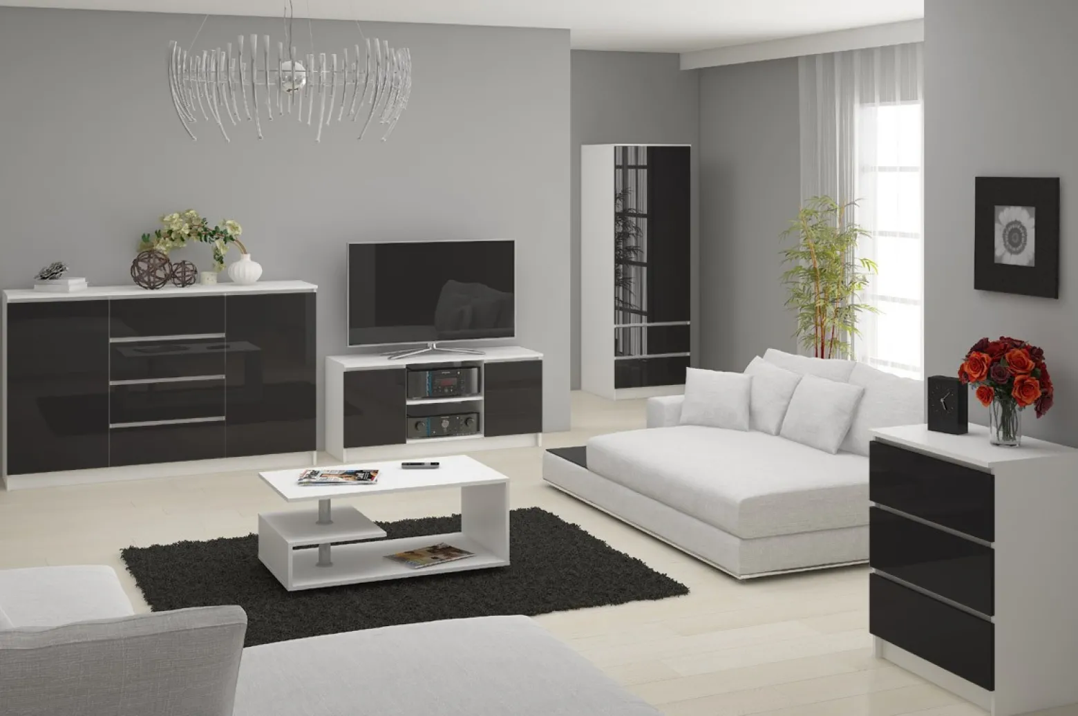 Komoda AKORD K140 Biała 138 cm Grafit Połysk 138x40x99 cm