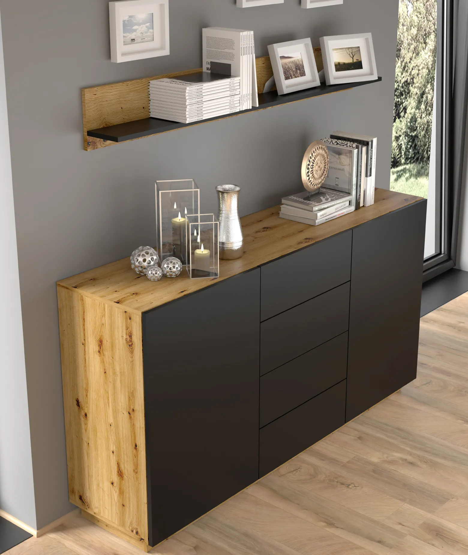 Komoda AURA KOM2D4S 164 dąb artisan / czarny mat