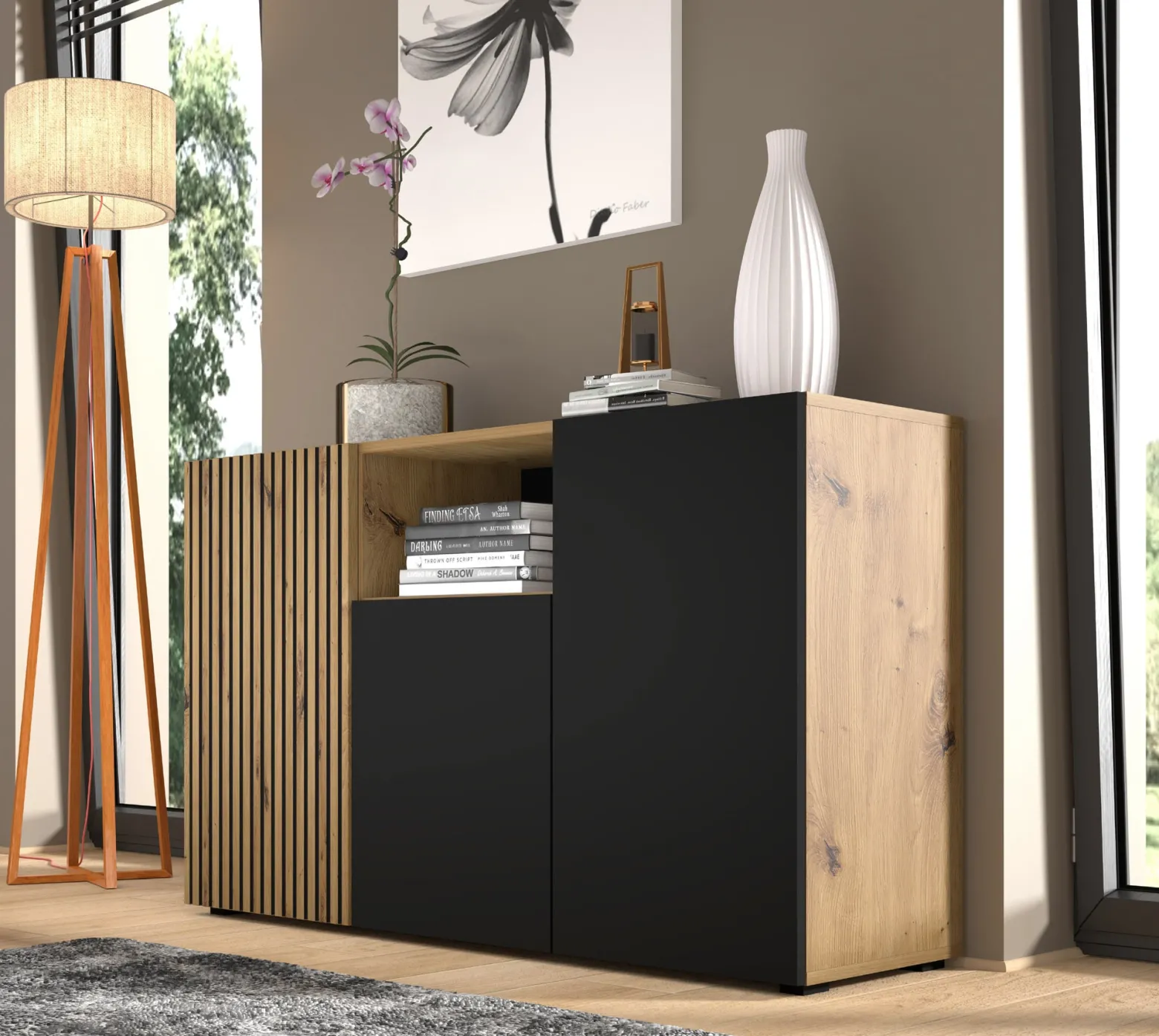 Komoda AURIS 3D 135 cm dąb artisan / czarny mat