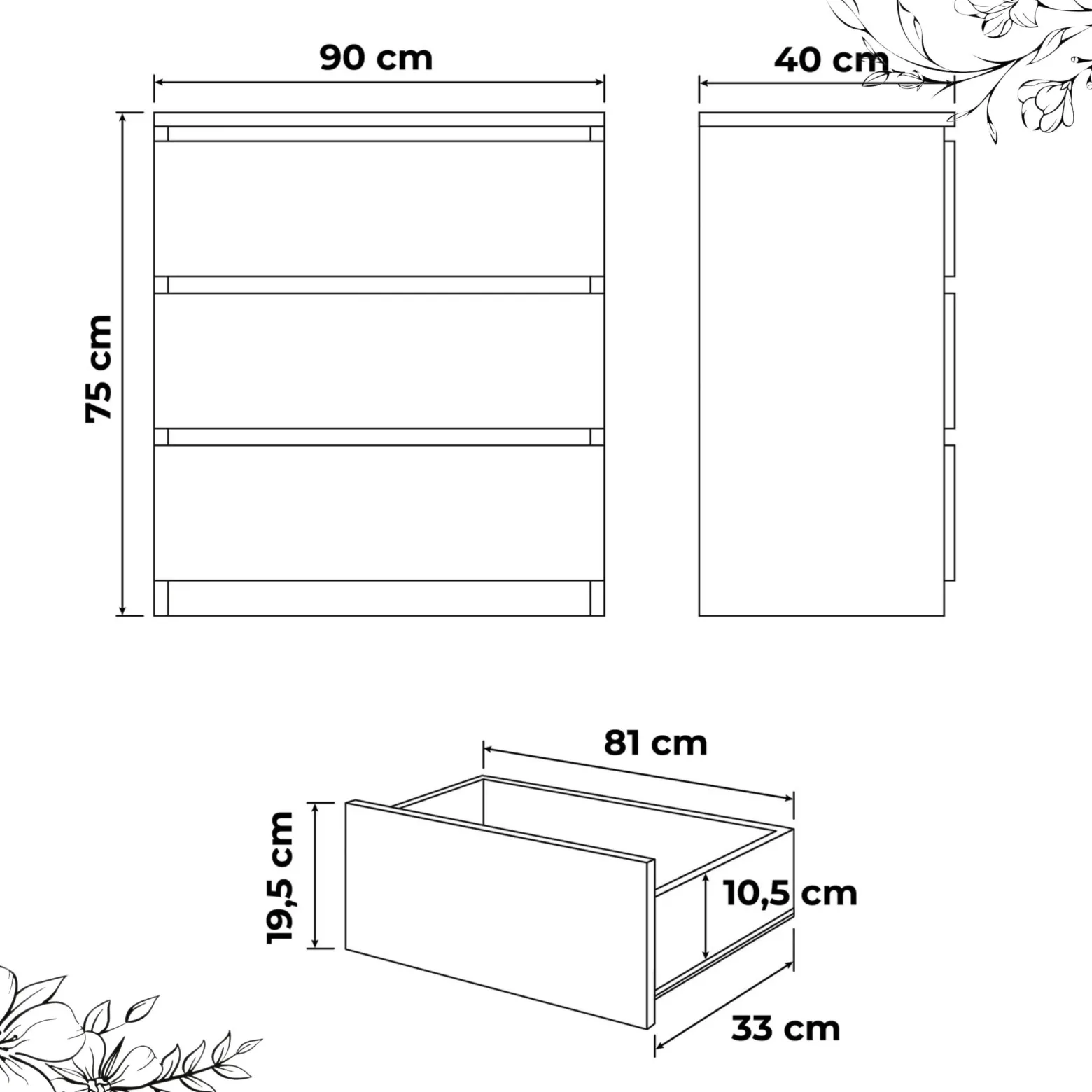 Komoda BASIC 3 szuflady – Biały | 90x75x40 cm