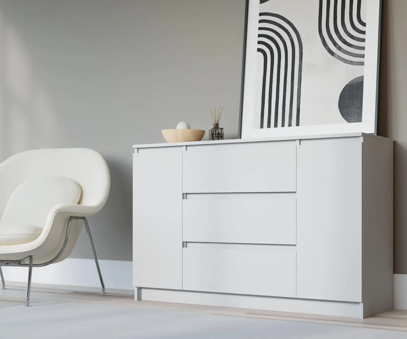 Komoda, Biały Matowy, 120 x 39 x 78 cm, 2 drzwi, 3 szuflady