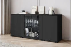 Komoda 150 cm do salonu witryna ze szkłem, szuflady, połki, czarny mat