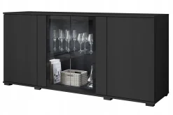 Komoda 150 cm do salonu witryna ze szkłem, szuflady, połki, czarny mat