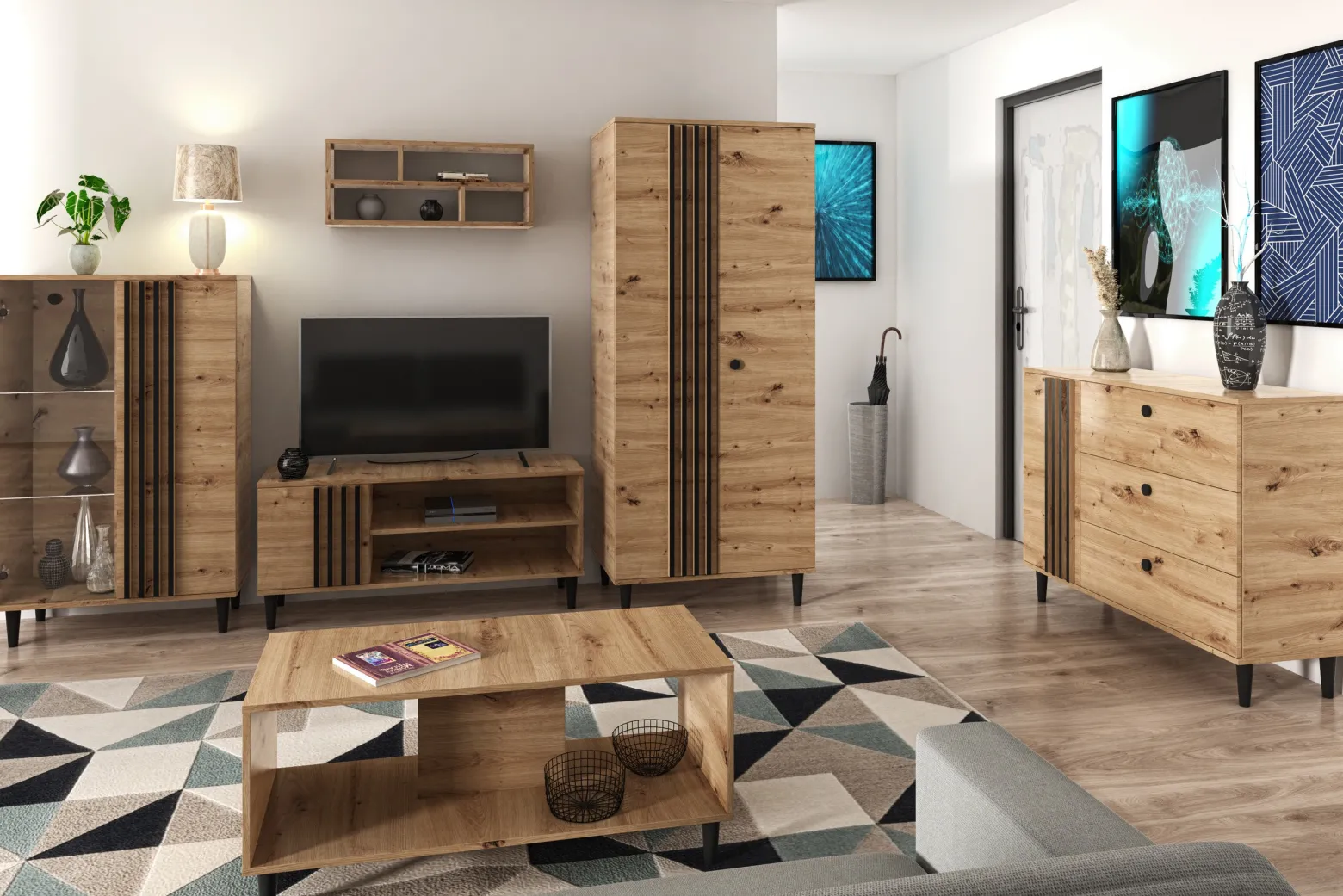 Komoda 120 cm na nóżkach z szufladami do salonu LERON dąb artisan