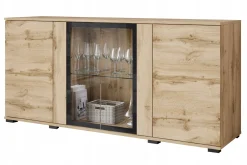 Komoda 150 cm, nowoczesna witryna ze szkłem i szuflady wotan mat z LED