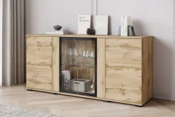 Komoda 150 cm, nowoczesna witryna ze szkłem i szuflady wotan mat z LED