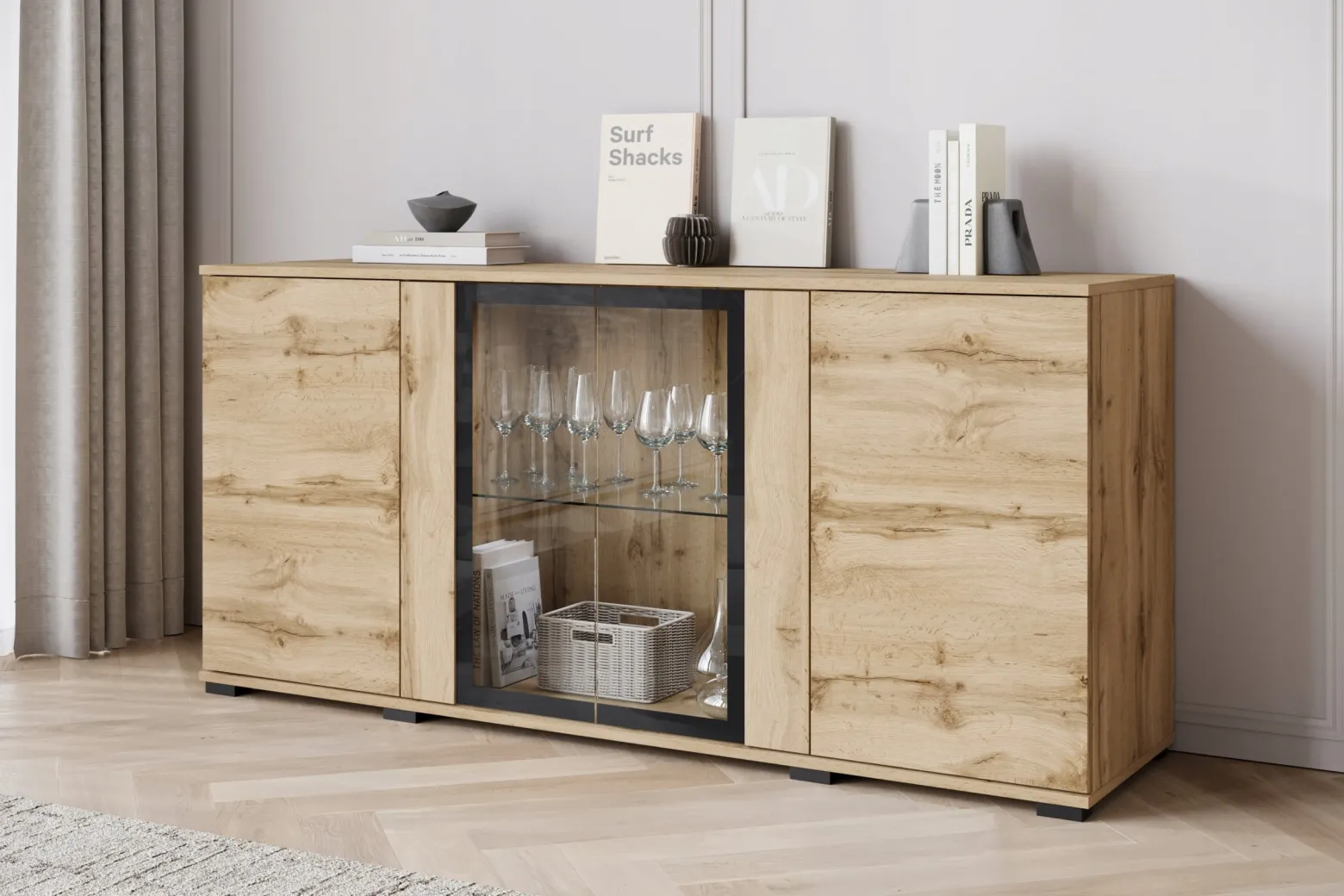 Komoda 150 cm, nowoczesna witryna ze szkłem i szuflady wotan mat z LED