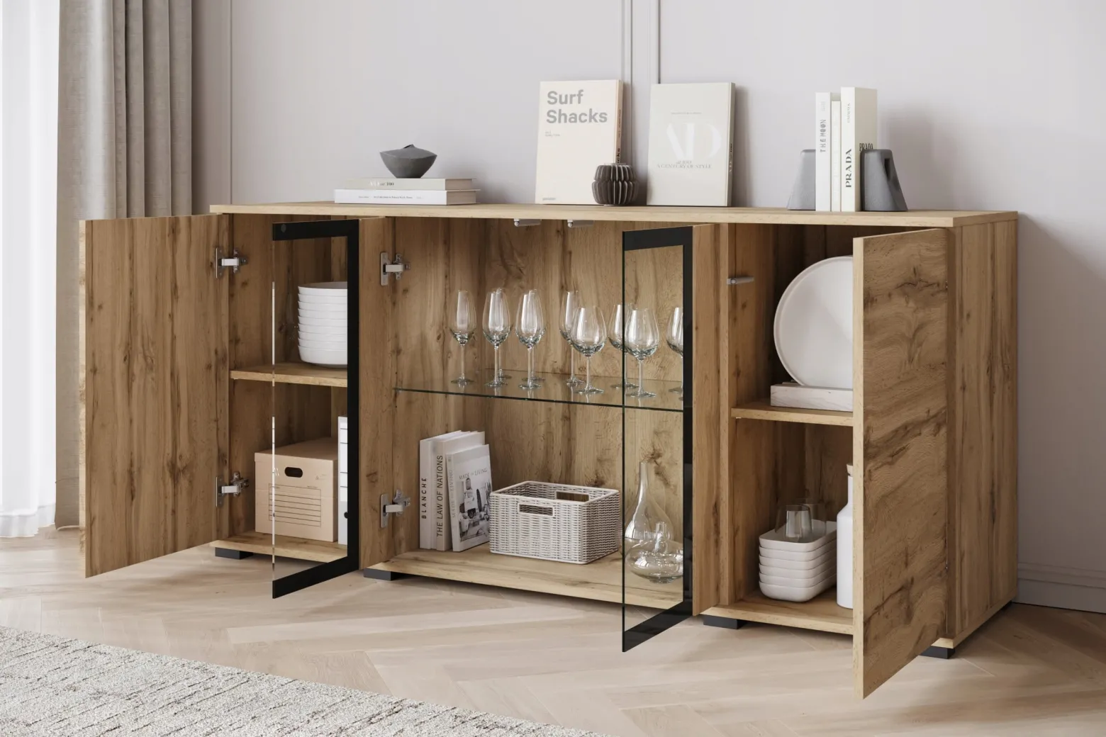 Komoda 150 cm, nowoczesna witryna ze szkłem i szuflady wotan mat z LED