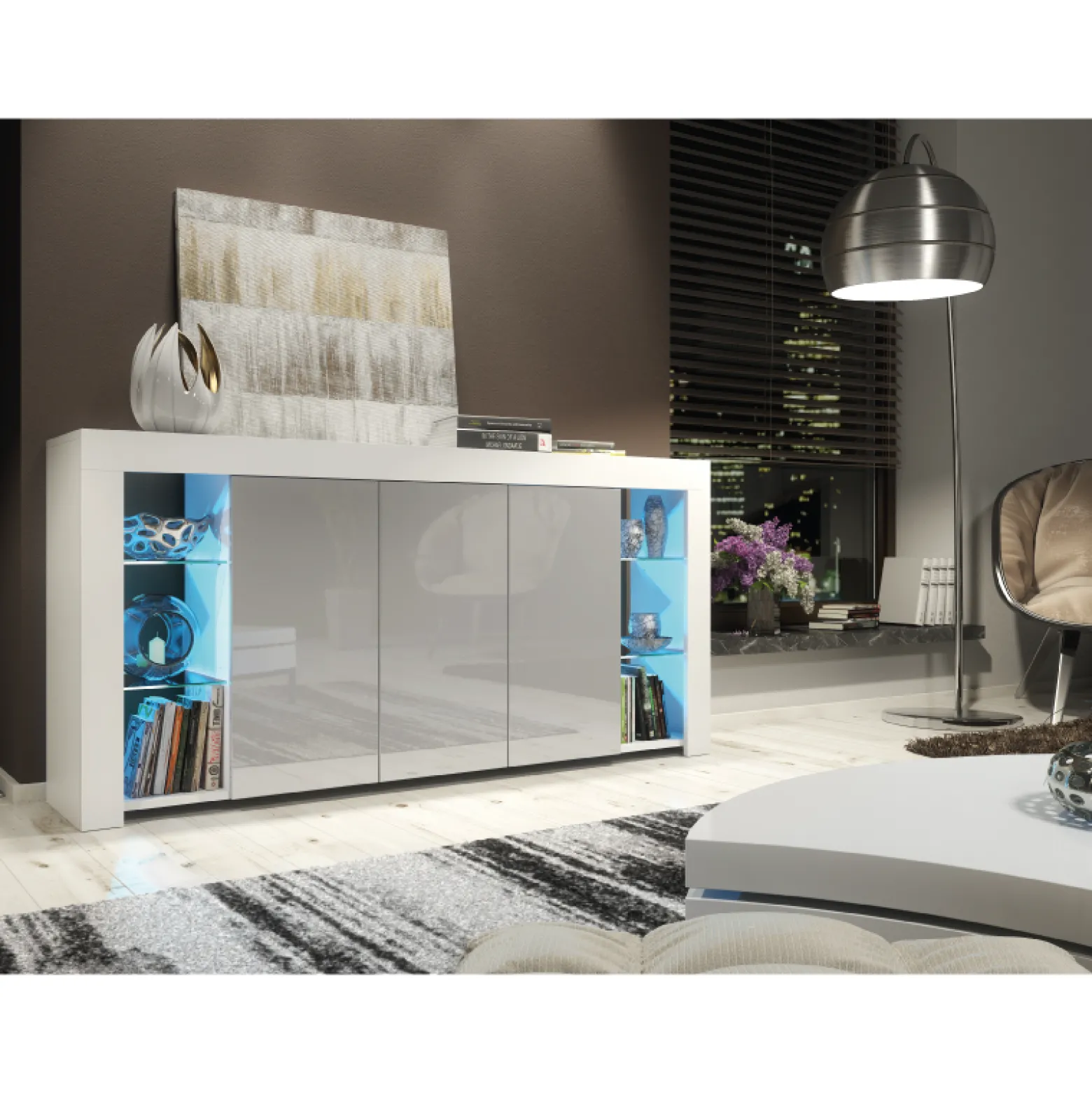 Komoda 164cm RTV ONE FURNITURE - Biały Laminat & Szare Drzwi