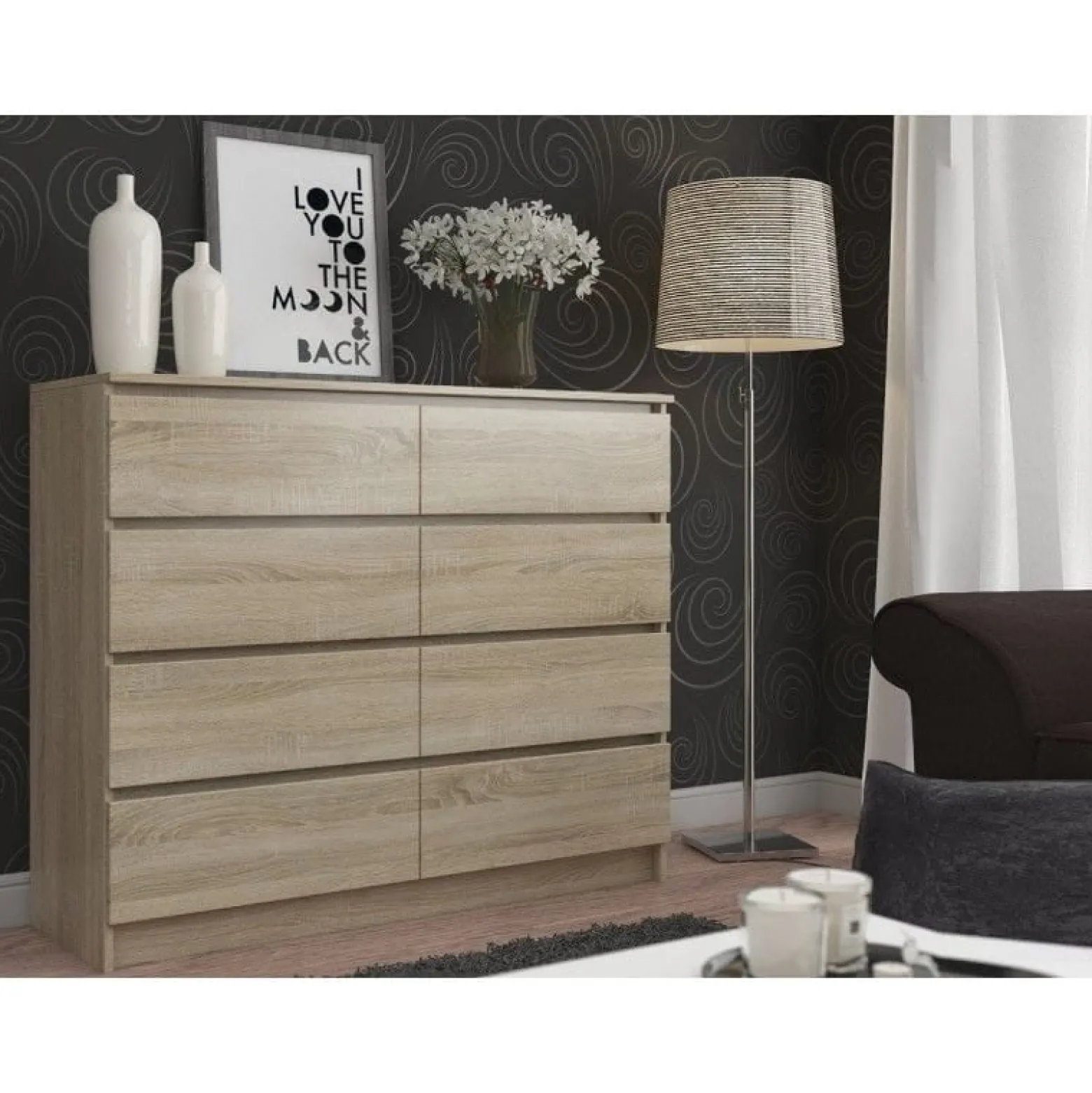 Komoda do salonu, STILO, 8 szuflad, 120cm, dąb sonoma, mat | TYLETEGOTU