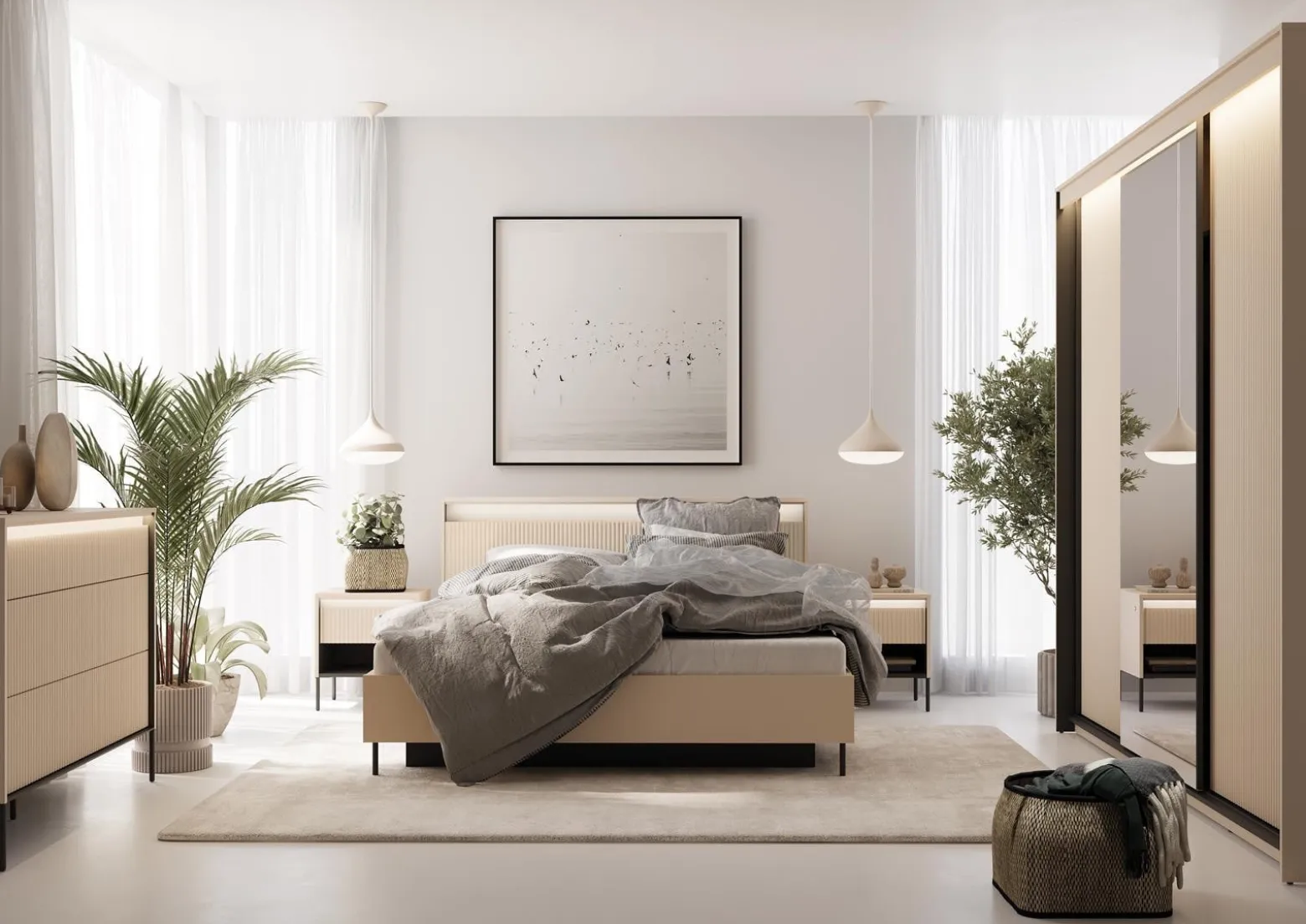 Komoda do sypialni pojemna beżowa ryflowana FLORES