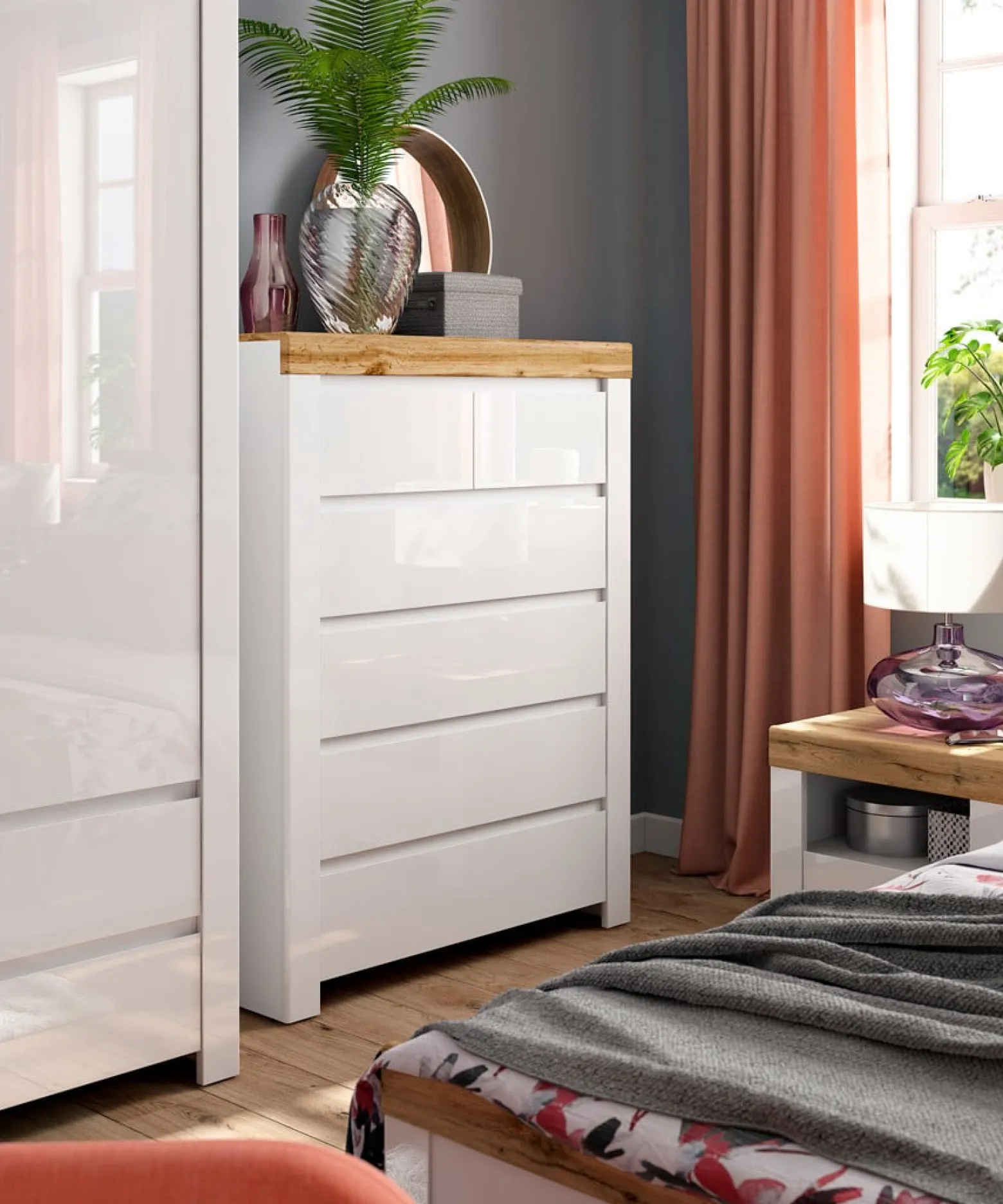 Komoda Holten 99 cm z 6 szufladami biały/dąb wotan/biały połysk