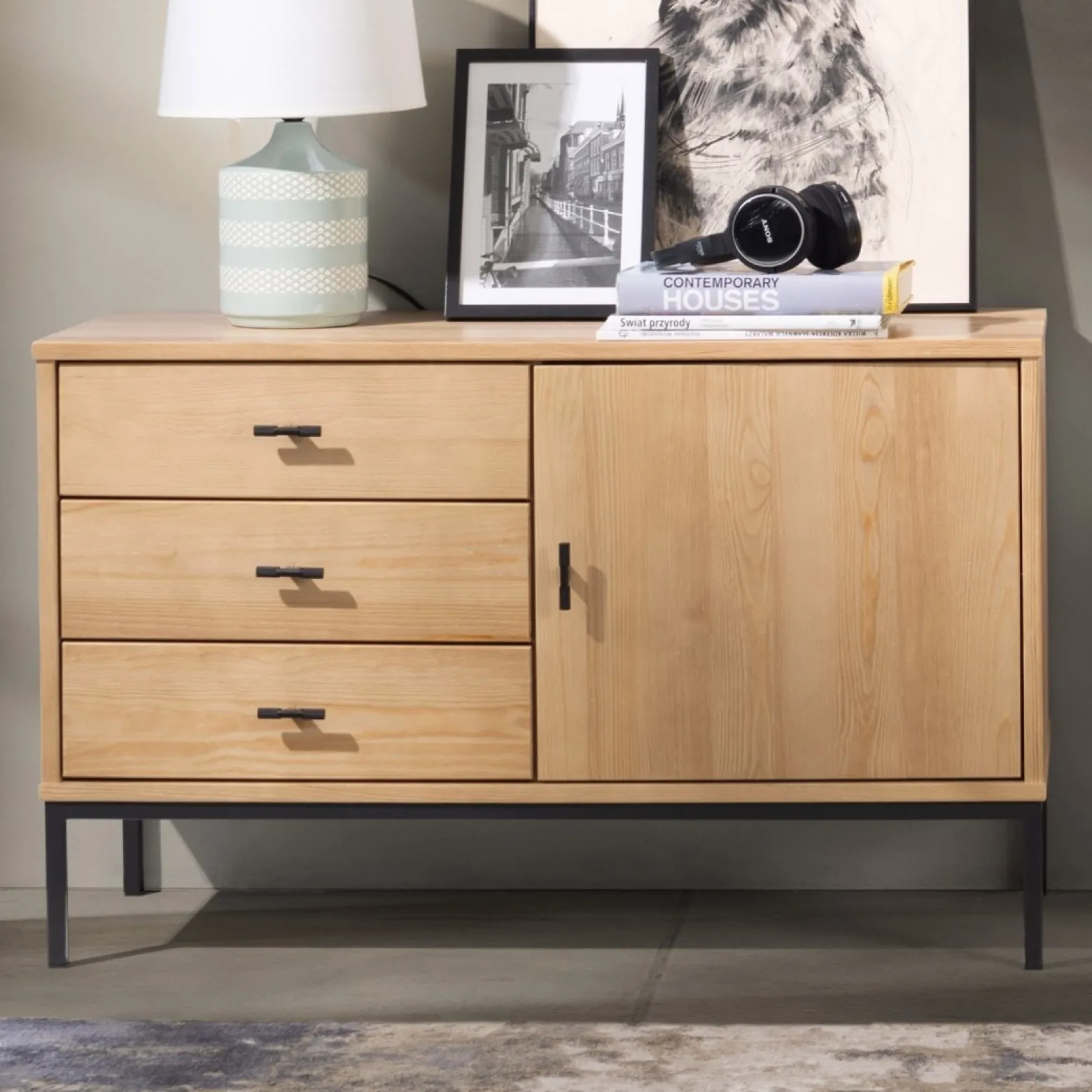 Komoda III drewno i metal SIRIO LOFT, kolor dębowy