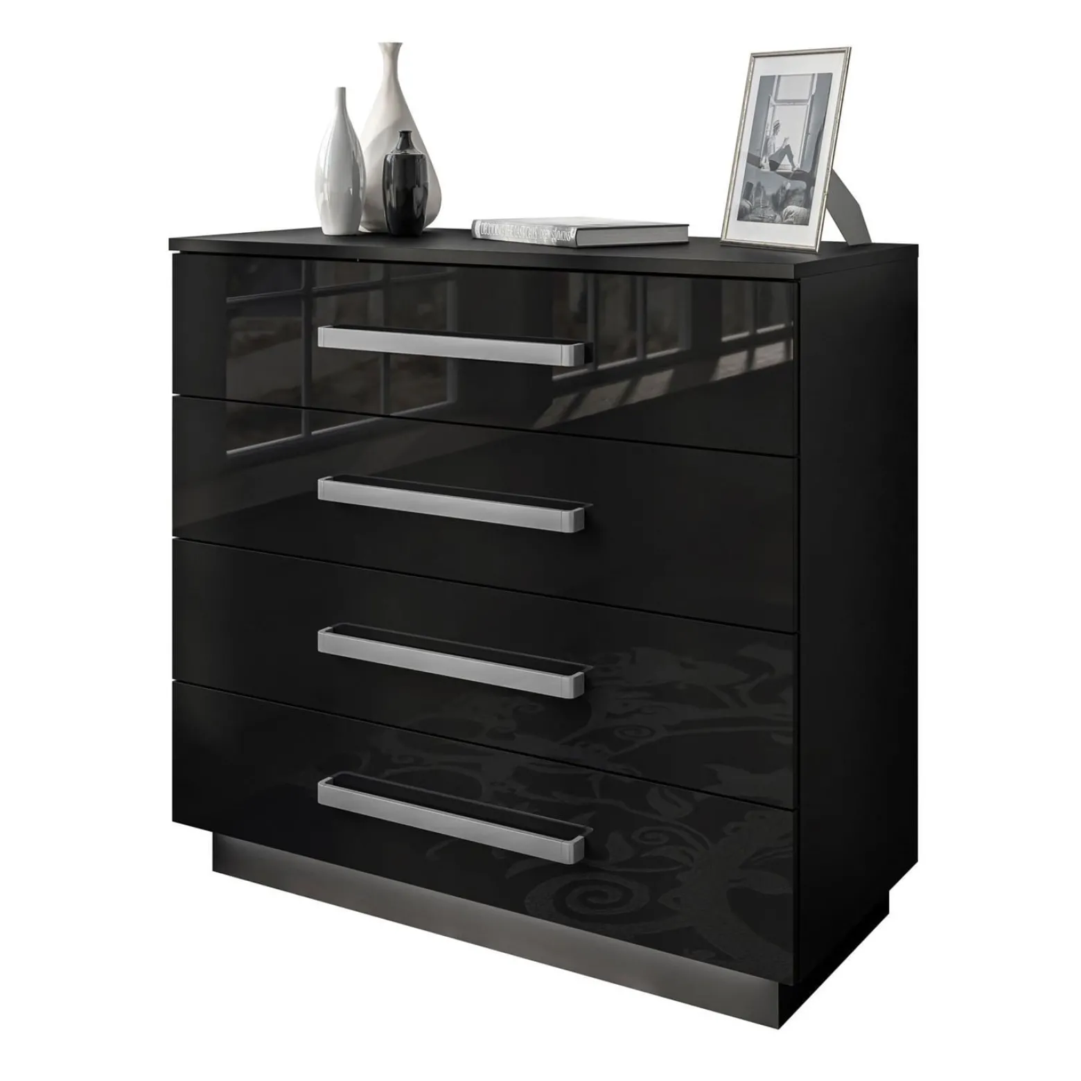 Komoda LINA 95 z metalowymi uchwytami czarny połysk LED