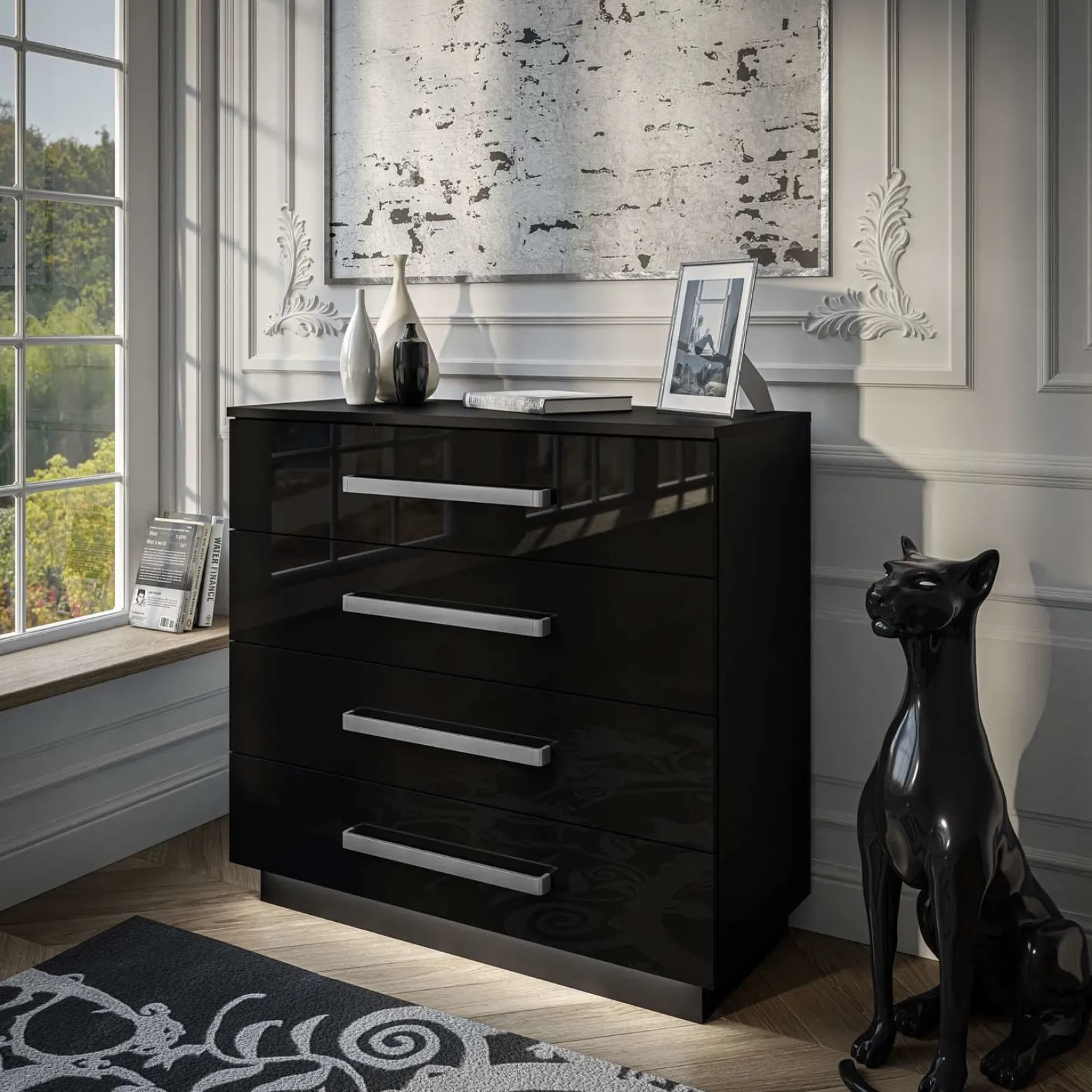 Komoda LINA 95 z metalowymi uchwytami czarny połysk LED