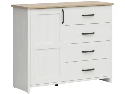Komoda Loksa 120 cm z drzwiami i 4 szufladami sosna andersen biała/dąb grandson