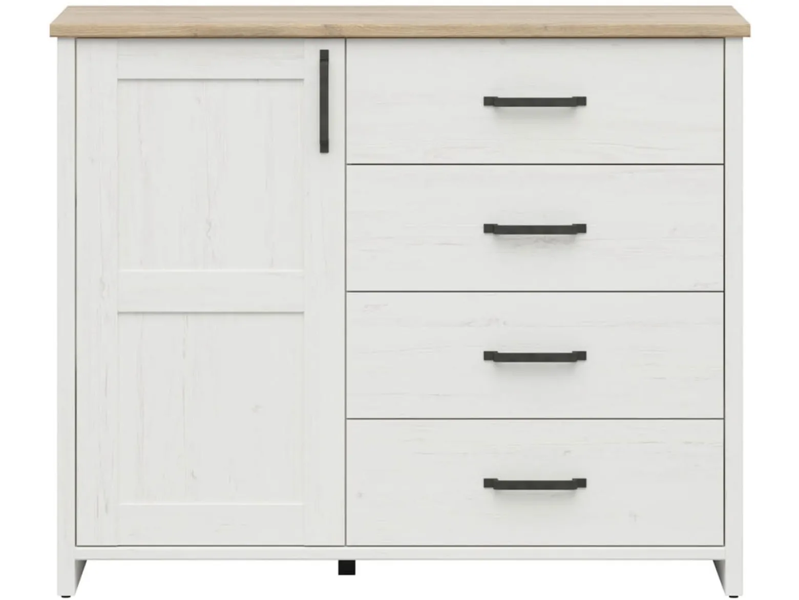Komoda Loksa 120 cm z drzwiami i 4 szufladami sosna andersen biała/dąb grandson
