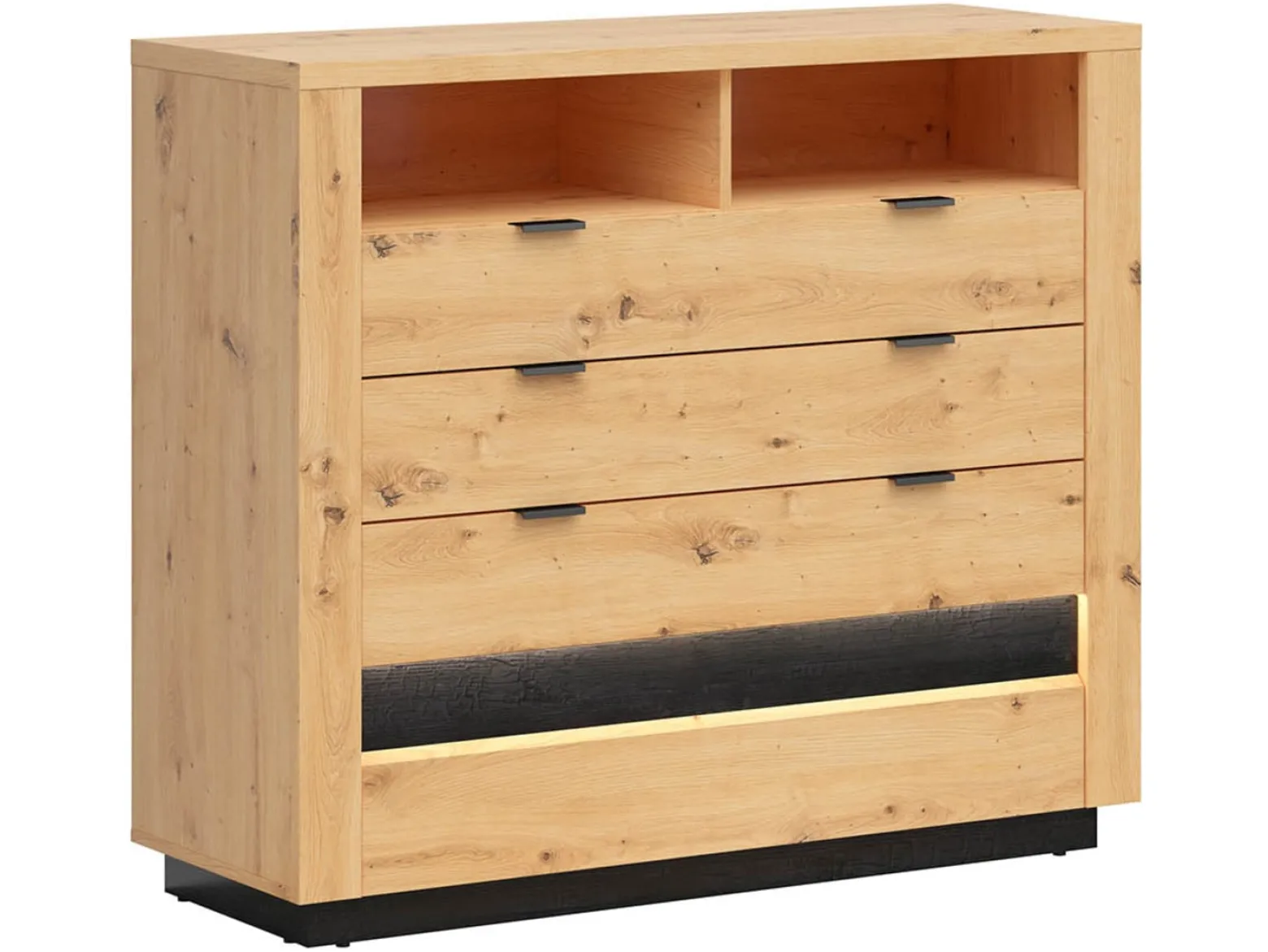 Komoda Ostia 117 cm z 4 szufladami i 2 półkami dąb artisan/dąb czarny