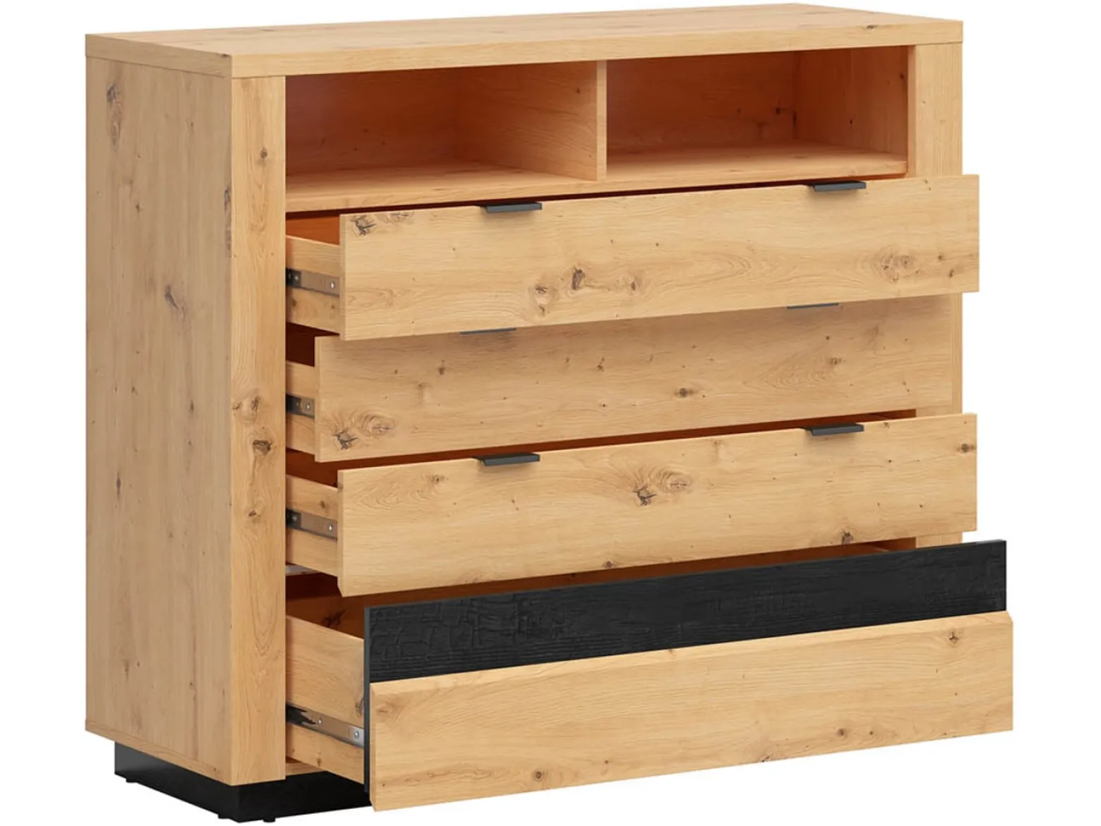 Komoda Ostia 117 cm z 4 szufladami i 2 półkami dąb artisan/dąb czarny