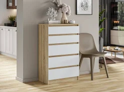 Komoda Pojemna Pari 5 Szuflad Sonoma Biały Mat 70 CM Szafka