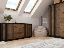 Komoda przesuwna z lamelami 200 cm LOFT czarny / dąb lefkas