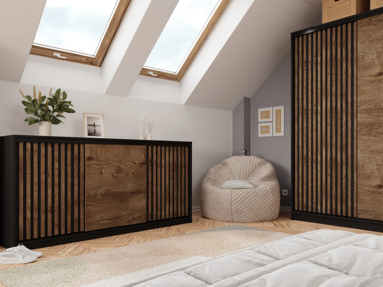 Komoda przesuwna z lamelami 200 cm LOFT czarny / dąb lefkas