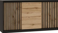 Komoda przesuwna z lamelami 180 cm LOFT czarny / dąb wotan