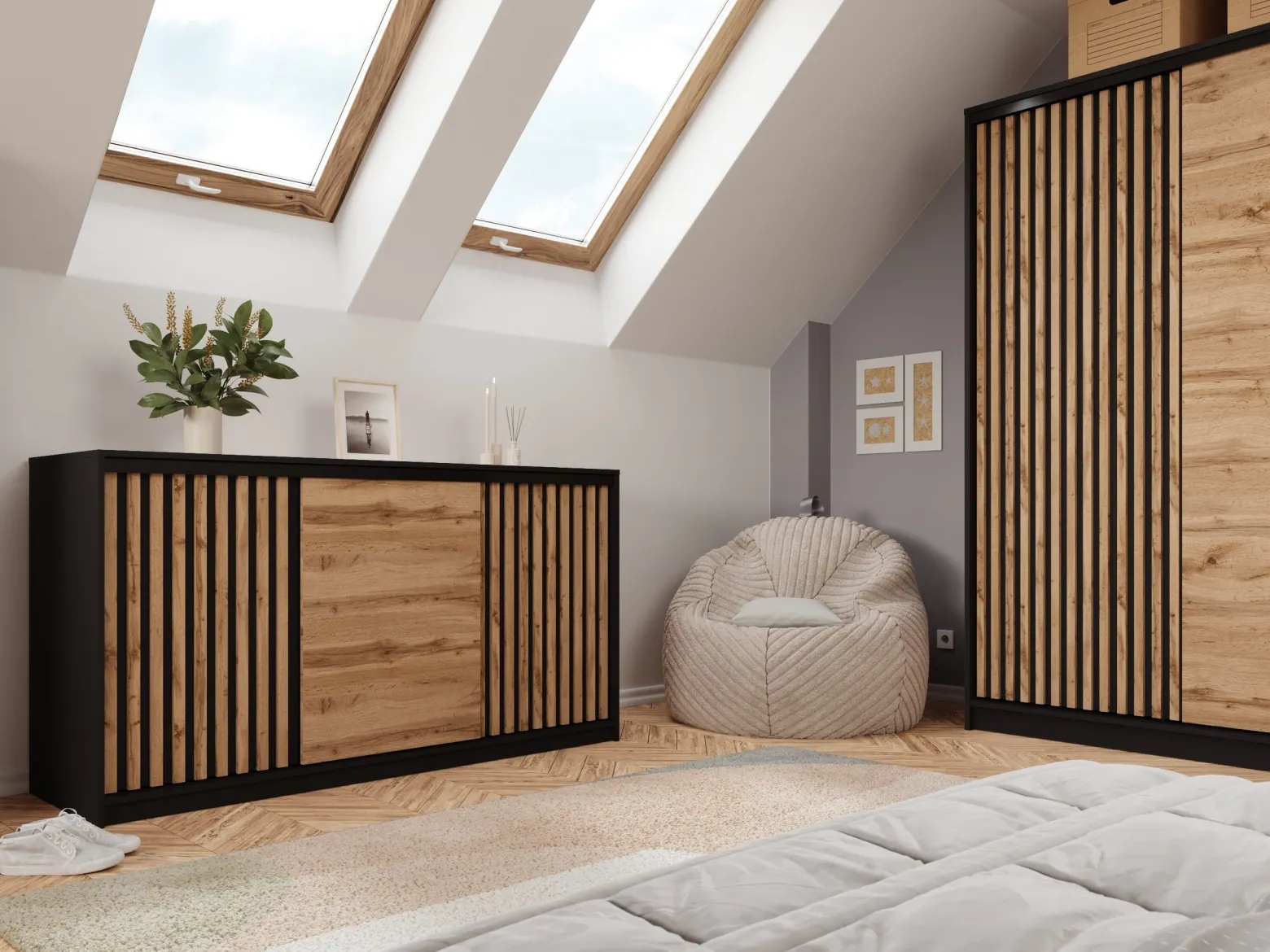 Komoda przesuwna z lamelami 180 cm LOFT czarny / dąb wotan