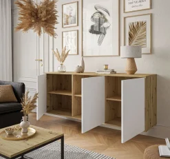 Komoda SANAYI II dąb artisan/biały, czarny stelaż