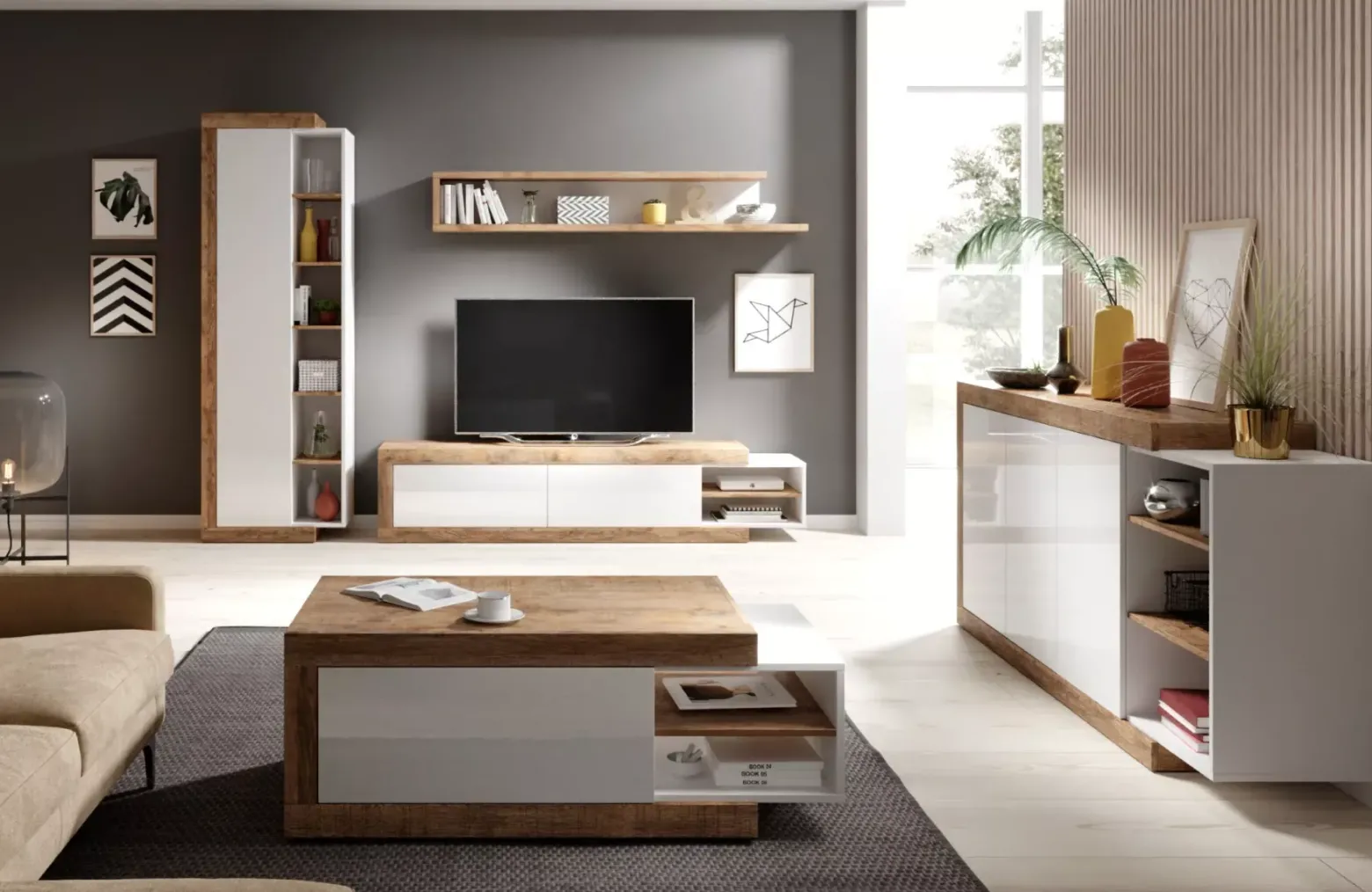 Komoda SINTRA 3D 180cm dąb samdal/biały połysk