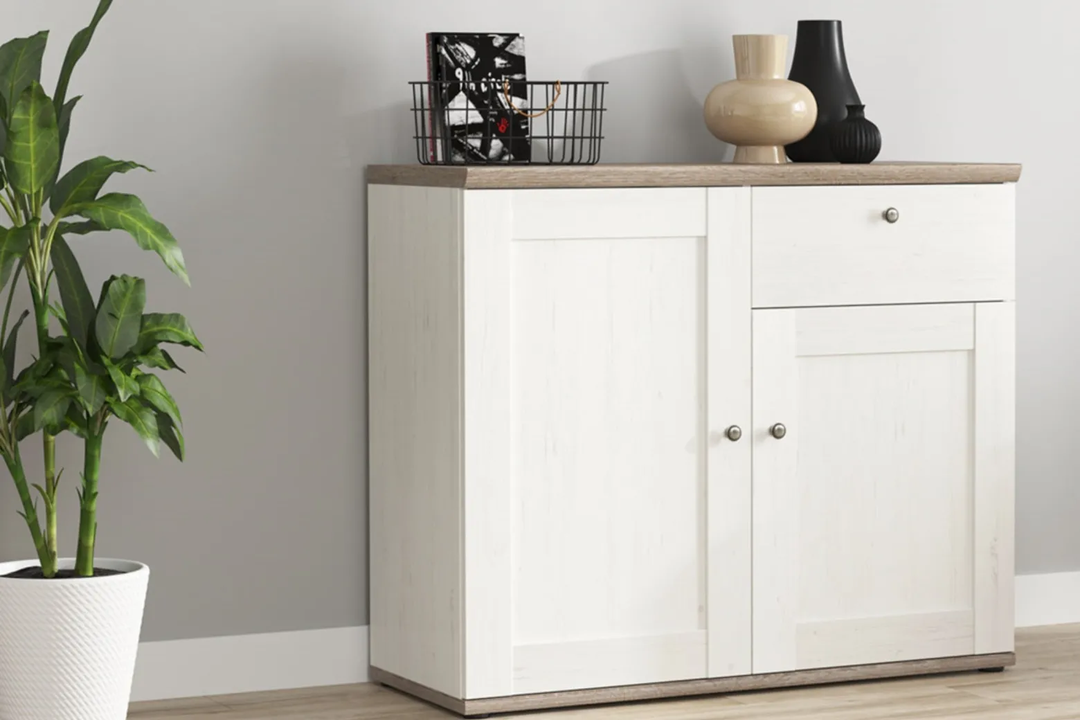 Komoda Stockholm 103 cm z 2 drzwiami i szufladą sosna andersen biała/dąb sonoma ciemna
