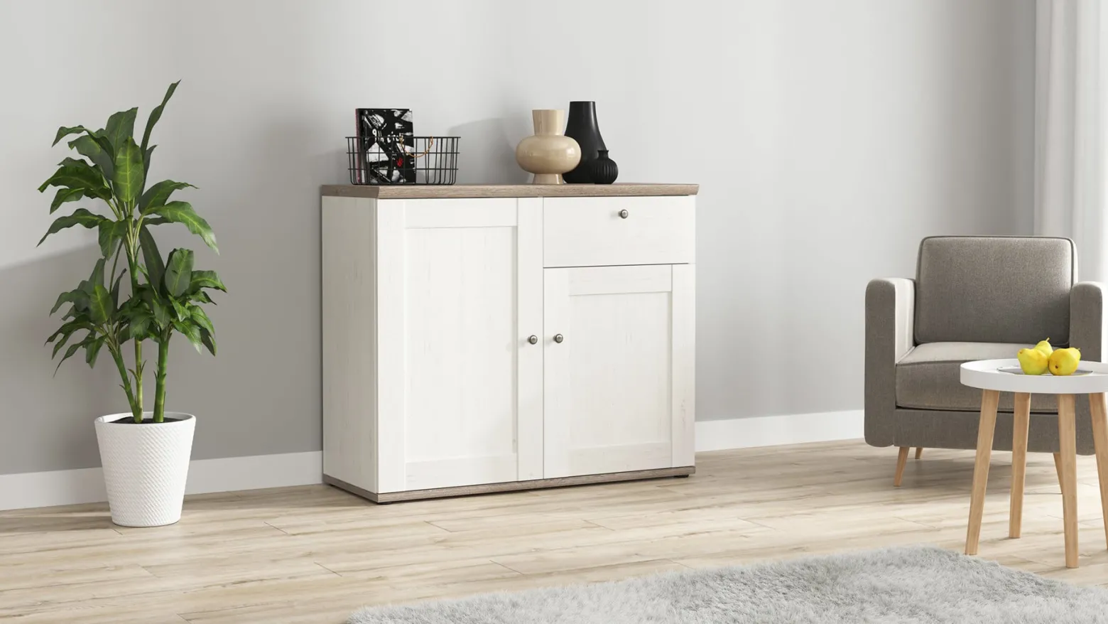 Komoda Stockholm 103 cm z 2 drzwiami i szufladą sosna andersen biała/dąb sonoma ciemna