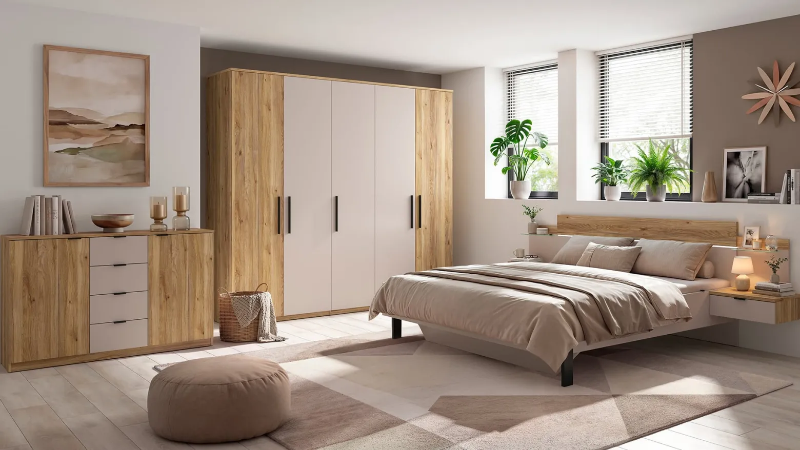 Komoda Tabina 140 cm z 2 drzwiami i 4 szufladami dąb mauvella/kaszmir