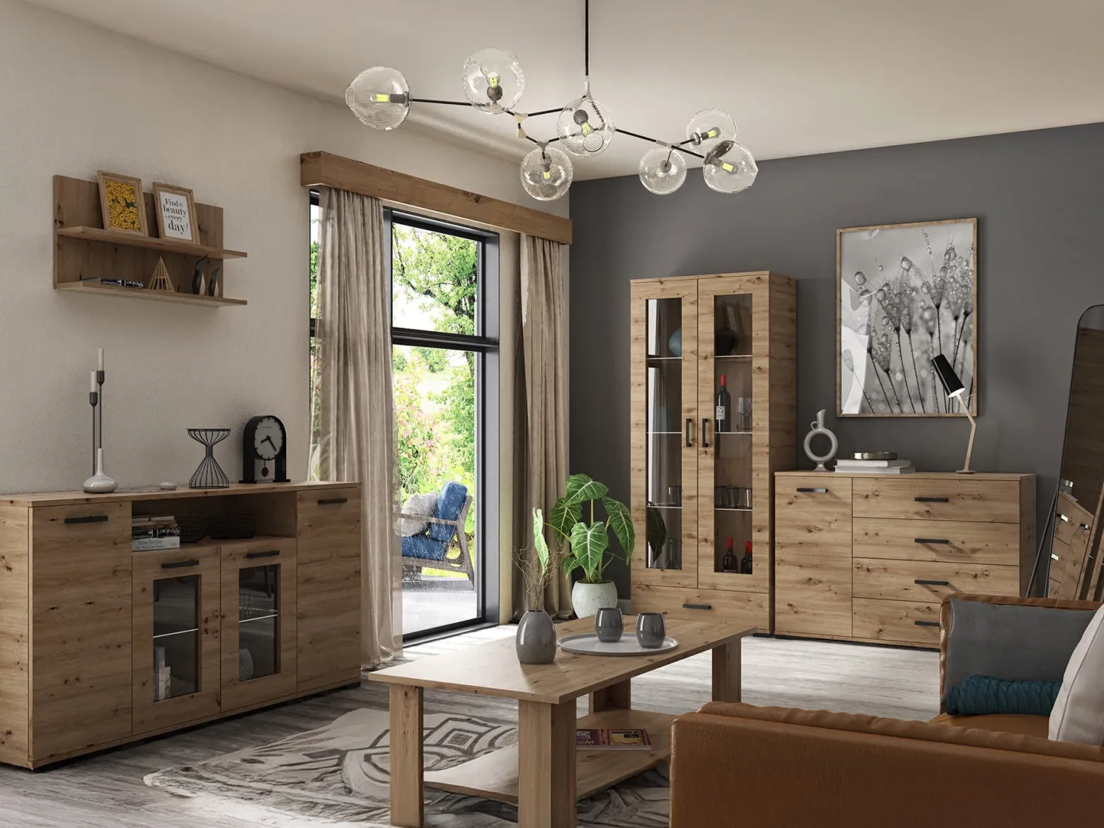 Komoda wysoka FELIX 4 dąb artisan 125 cm z szufladą i półkami