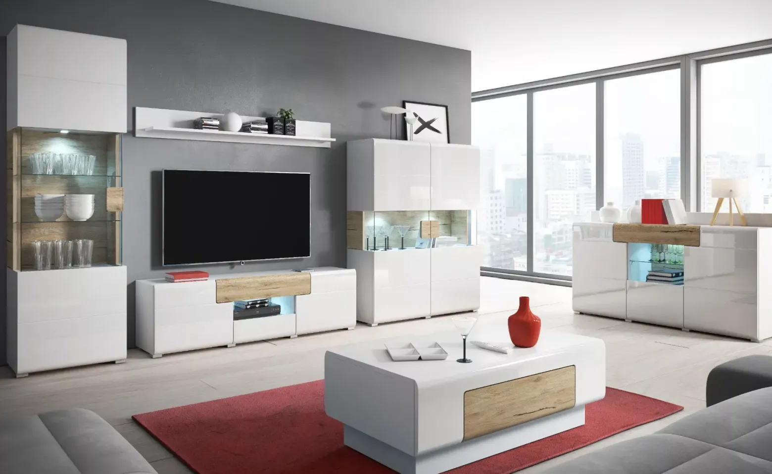 Komoda wysoka TOLEDO 3D1S biała połysk/dąb san remo