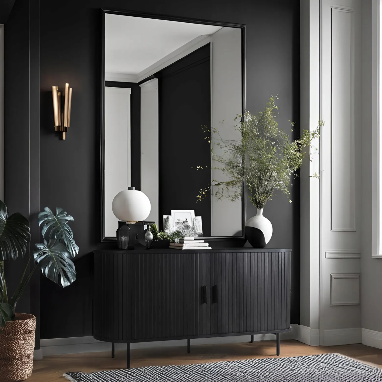 Komoda Z Lamelami Duża Drewniana Do Salonu Sypialni Czarna TRISH 140 cm
