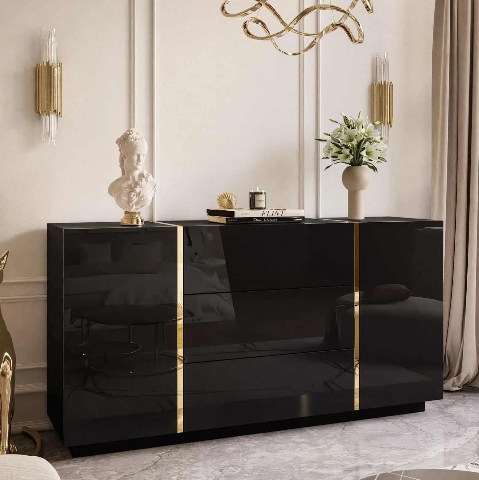 Komoda z szufladami ONYX czarny połysk 158 cm PUSH OPEN